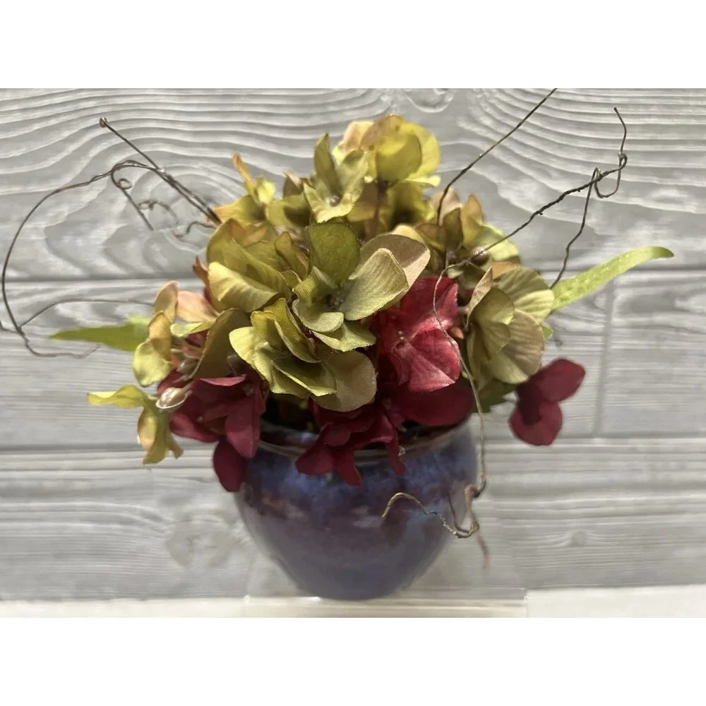 Small Flower Arrangement Hydrangeas in Blue Ceramic Pot 7.5” Faux Floral
